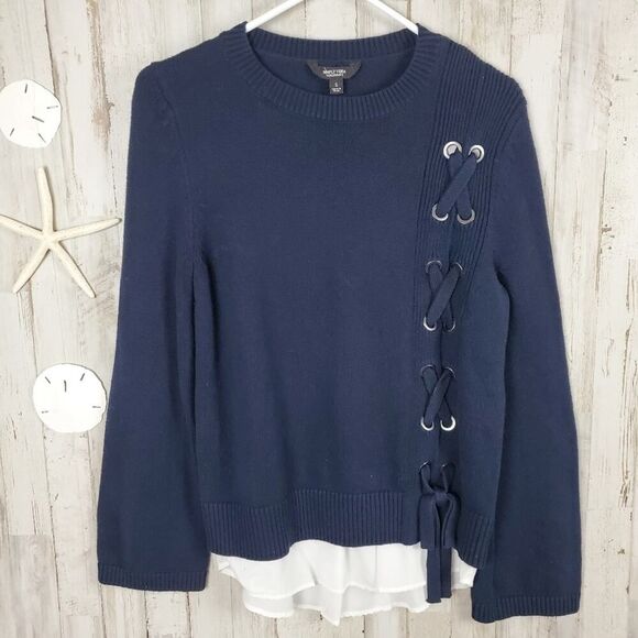 Simply Vera Vera Wang Lace Up Mock Layer Sweater Navy Blue White Size Small - Picture 1 of 12